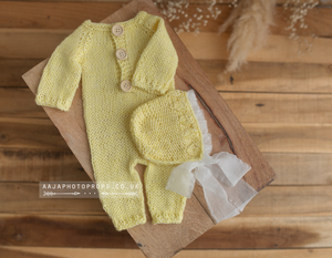 Baby newborn knitted romper and bonnet, lemon yellow, RTS