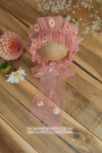 Baby girl newborn salmon pink daisy bonnet, boho, frilly, RTS