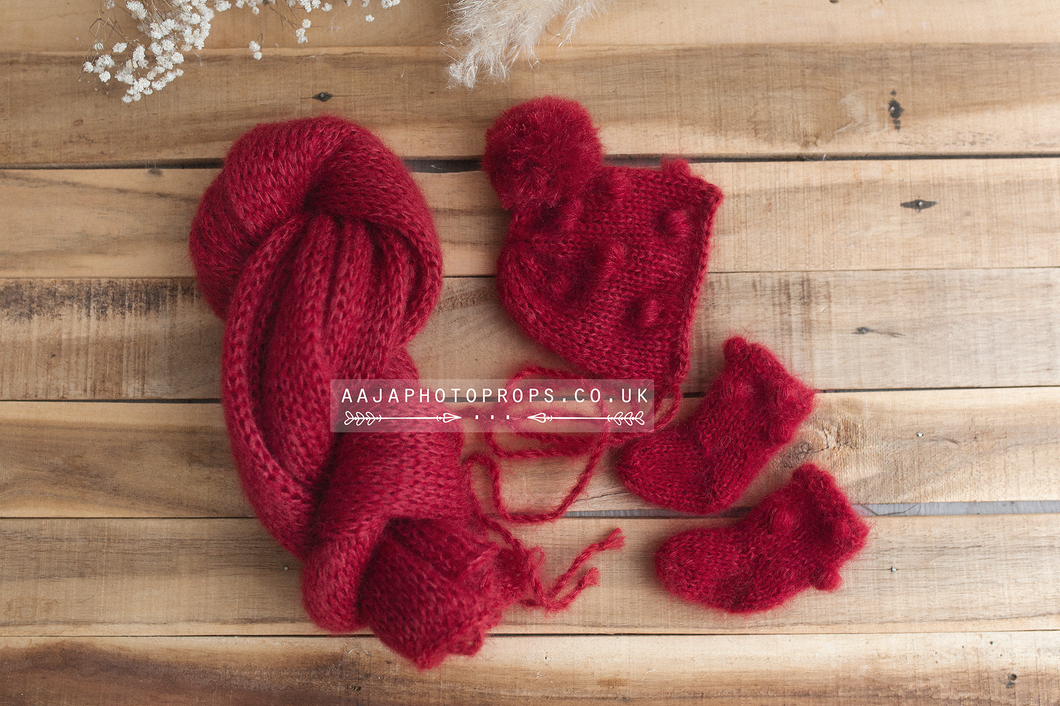 Baby newborn wrap, bonnet, socks, red, bobbles, made to order