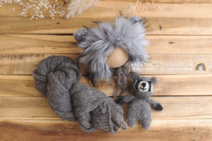 Baby newborn bonnet, wrap, toy set, grey, racoon, faux fur, made to order