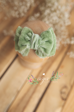 Baby newborn girl velvet bow tieback cream, green, sage, plush, soft, big RTS