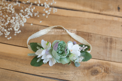 Baby sitter headband, bohemian, flower, green, RTS