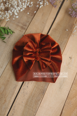 Baby turban hat, velvet, newborn, burnt orange, bows, RTS