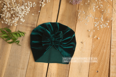 Baby turban hat, velvet, newborn, teal green, bows, RTS