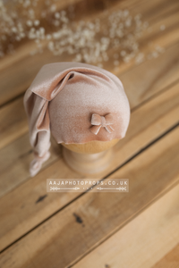 Baby newborn girl sleepy hat, knot, velvet, pink beige, RTS