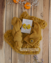 Knitted chunky layer, wrap, hat, velvet bow, pumpkin bundle, mustard yellow, RTS