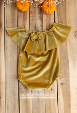 Baby girl velvet romper, frilly, mustard gold yellow, made to order