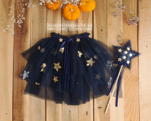 Sitter baby, toddler tulle cape, navy blue, stars, Halloween, wand, sequin, gold, Made to order