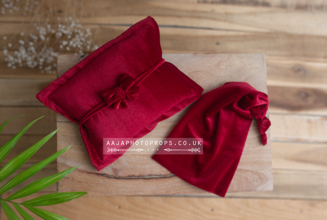Newborn Posing pillow, tieback, hat set red, velvet,  made to order