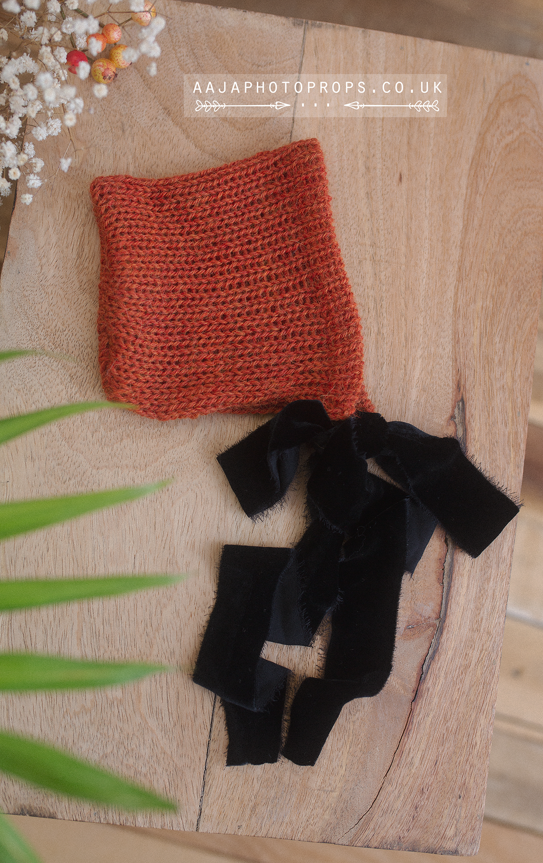 Baby newborn bonnet with velvet black ties, orange,  RTS
