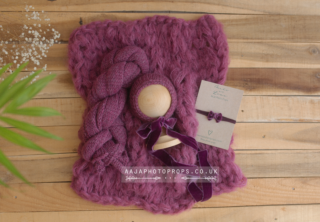 Baby newborn knitted wrap, bonnet, chunky layer, tieback bundle, velvet, berry pink, made to order