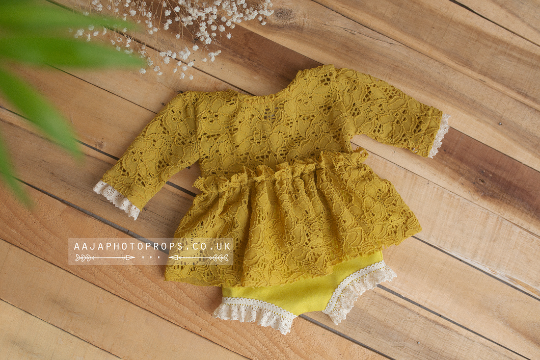 Newborn baby girl romper, lace, mustard yellow, frilly, RTS