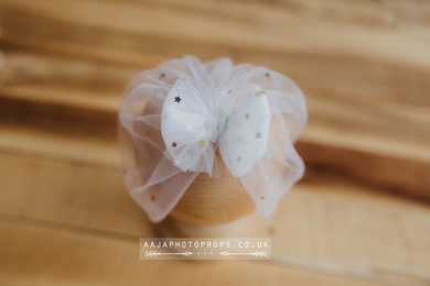 Baby turban hat, newborn, white, stars, bow, RTS