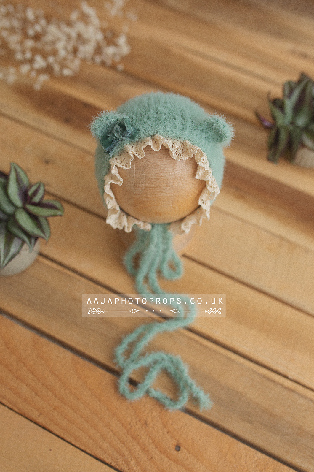 Mint baby newborn bear bonnet, With lace, Made to order