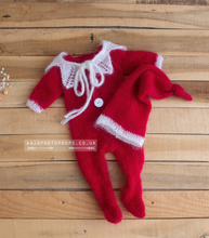 Baby newborn knitted footed pyjama romper, hat, collar, Red, white, Made to order