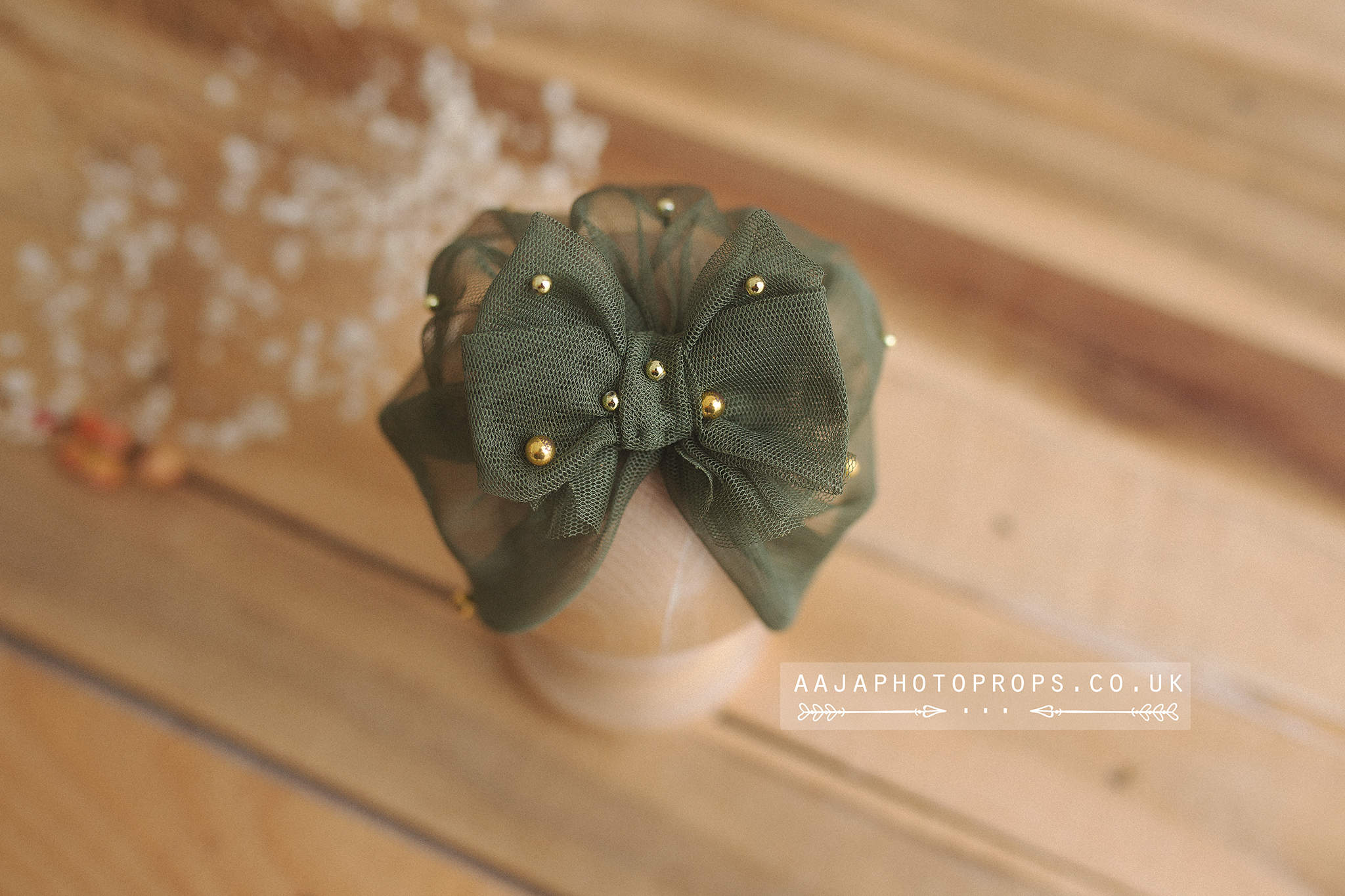 Baby turban hat, newborn, green, gold beads, bow, made to order