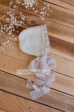 Baby newborn bonnet with velvet, cream, off white, made to order