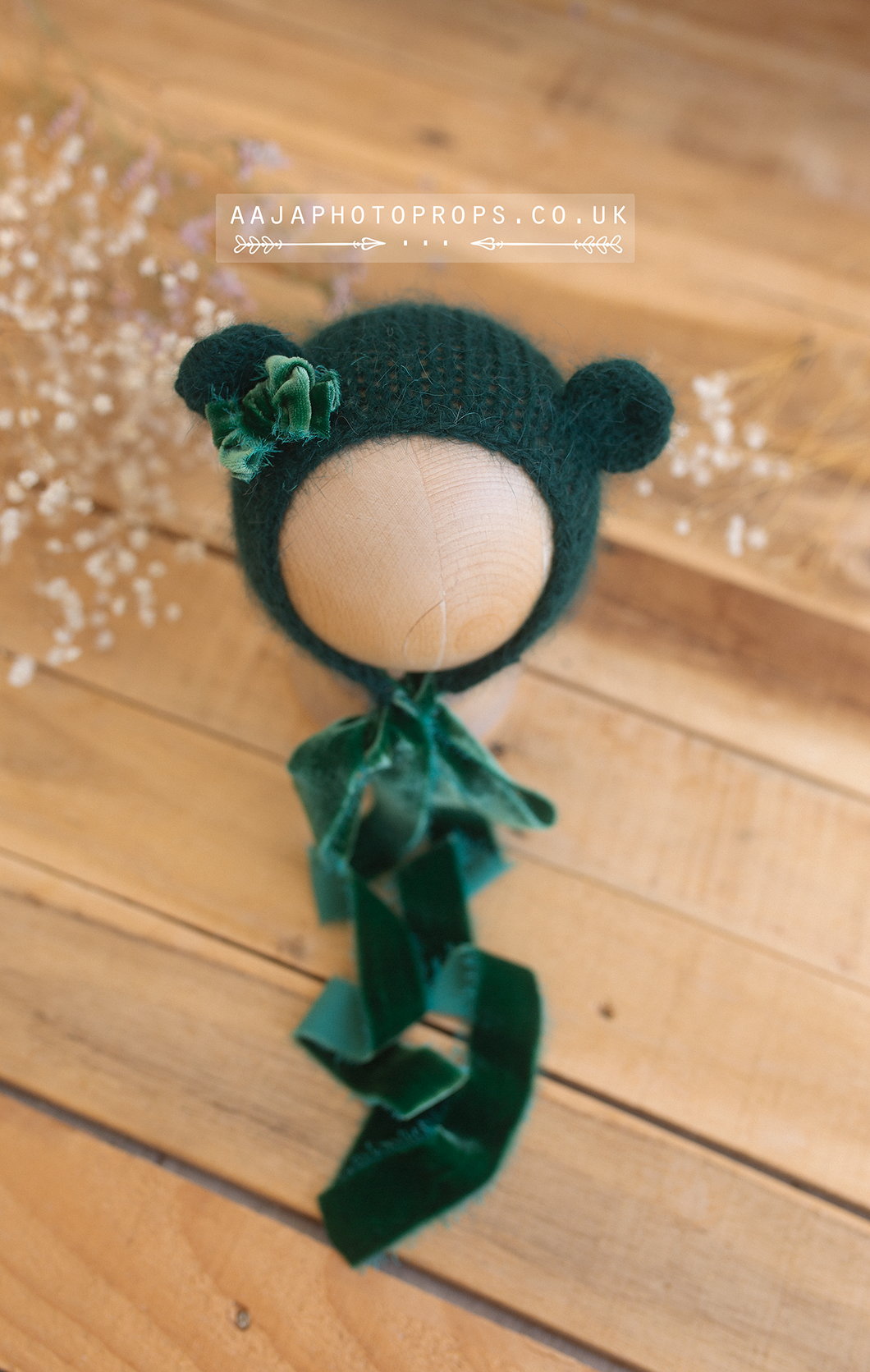 Dark green baby newborn bear bonnet, With velvet ties and bow, RTS