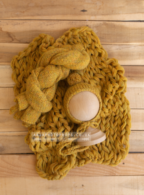 Baby newborn knitted wrap, bonnet and layer set, mustard yellow, RTS