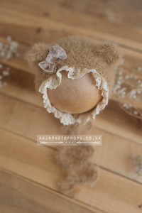 Light Brown baby newborn bear bonnet, With lace, made to order