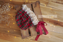 Baby 6-12 months size Christmas red tartan bonnet, lace RTS