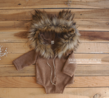 Baby 9-12 months sitter romper, bear, faux fur, hooded, eskimo, brown, RTS