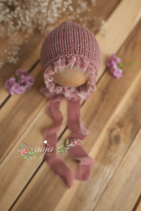 Baby newborn bonnet and knitted wrap set, pale rose pink, Velvet ties, made to order