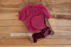 Baby newborn knitted romper and bonnet set, pink, cerise, velvet ties, RTS