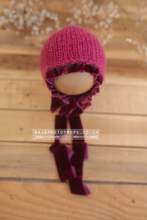 Baby newborn knitted romper and bonnet set, pink, cerise, velvet ties, RTS