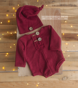 Baby newborn burgundy red hat and romper, buttons, made to order