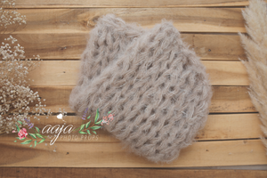 Knitted chunky layer, wrap and 2 bonnets set, fluffy soft, beige, velvet, Made to order