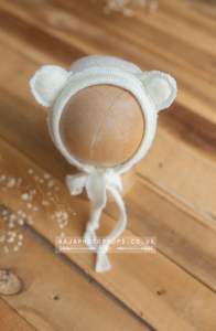 Baby newborn bear bonnet, off white, ears, RTS