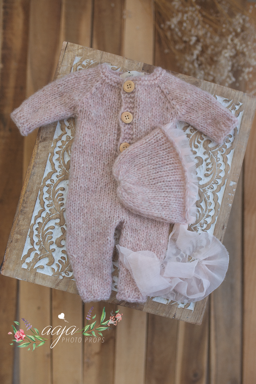 Baby newborn knitted romper and bonnet, pastel blush pink, made to order