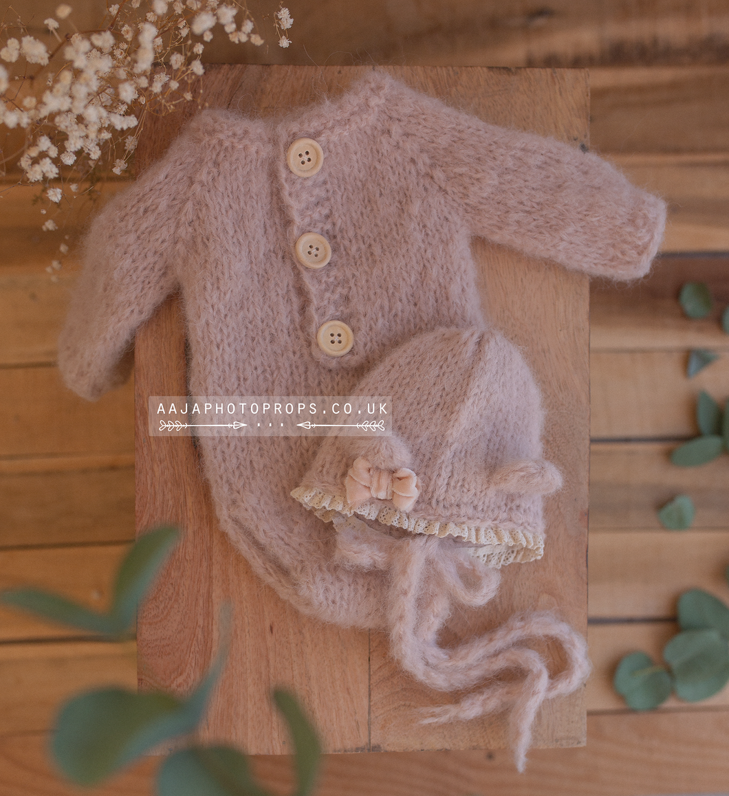 Baby newborn knitted romper and bear bonnet set, dusky blush pink, RTS