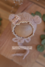 Baby newborn knitted romper and bear bonnet set, dusky blush pink, RTS