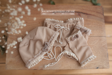 Baby newborn girl Bonnet, Leg warmers, Pants set, lace, beige, boho, made to order