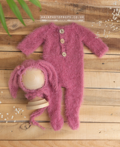 Baby newborn knitted pyjama romper and bunny bonnet, pink, raspberry, made to order