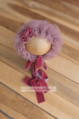 Baby girl newborn bonnet, frilly, mauve pink, velvet, RTS