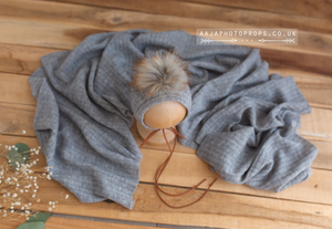Baby newborn bonnet and wrap, grey, pom pom, boho, RTS