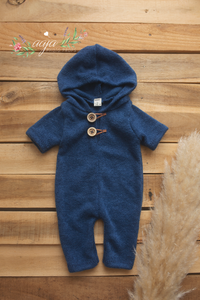 Baby Newborn romper, hooded, blue, buttons, made to order