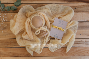 Baby newborn bunny bonnet, long wrap, tieback set, lemon yellow, made to order