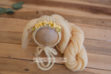 Baby newborn bunny bonnet, long wrap, tieback set, lemon yellow, made to order