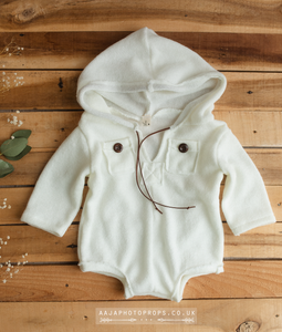9-12 months size brown romper hoodie, off white, green, buttons, Made to order