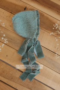 Baby newborn bonnet with velvet details, sea blue green, RTS