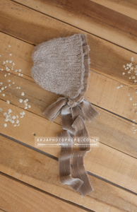 Baby newborn bonnet with velvet details, dark beige, made to order