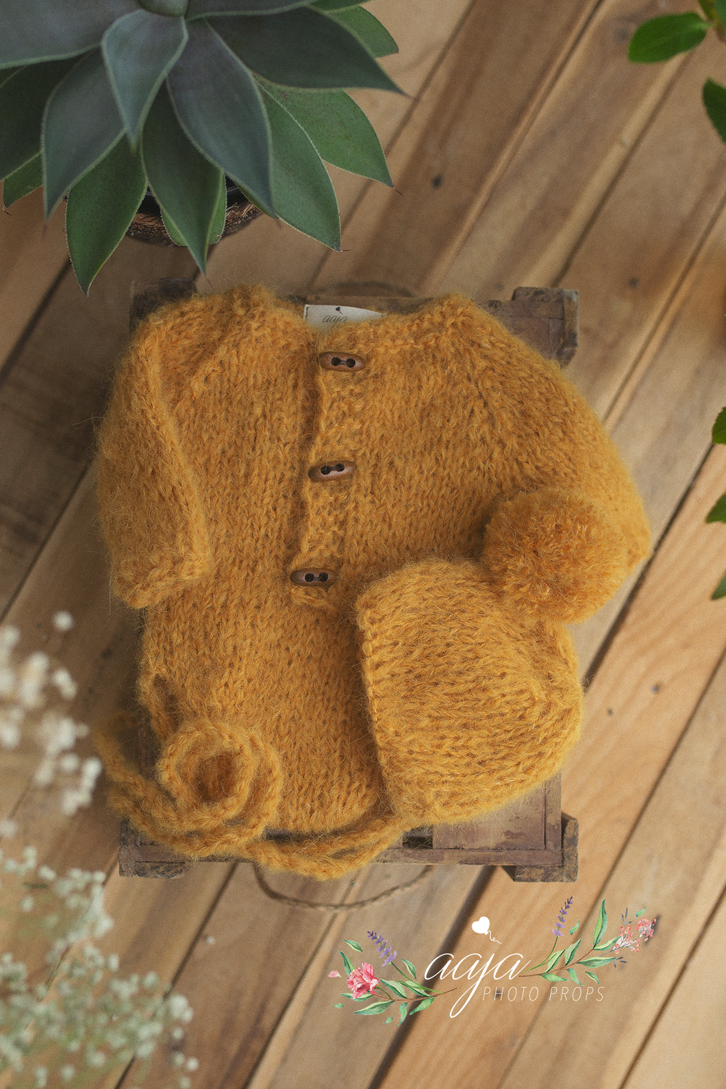 Baby newborn knitted romper and bonnet set, mustard yellow, buttons, RTS
