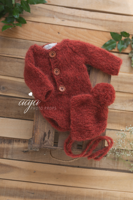 Baby newborn knitted romper and bonnet set, rust, burnt orange, RTS