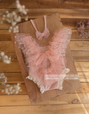 Baby newborn girl romper and tieback pastel peach pink, frilly lace, boho, RTS