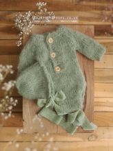 Baby newborn knitted romper and bonnet set, sage green, velvet ties, made to order