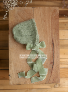 Baby newborn knitted romper and bonnet set, sage green, velvet ties, made to order